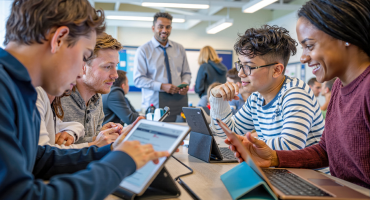 A group of students sit around a table interacting, with their devices in hand. 