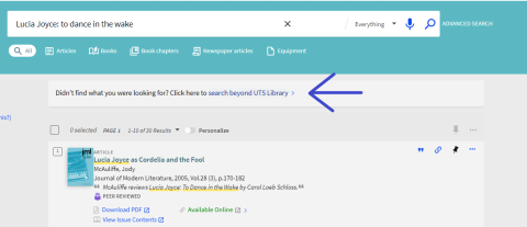 Blue arrow pointing at Search beyond UTS Library button